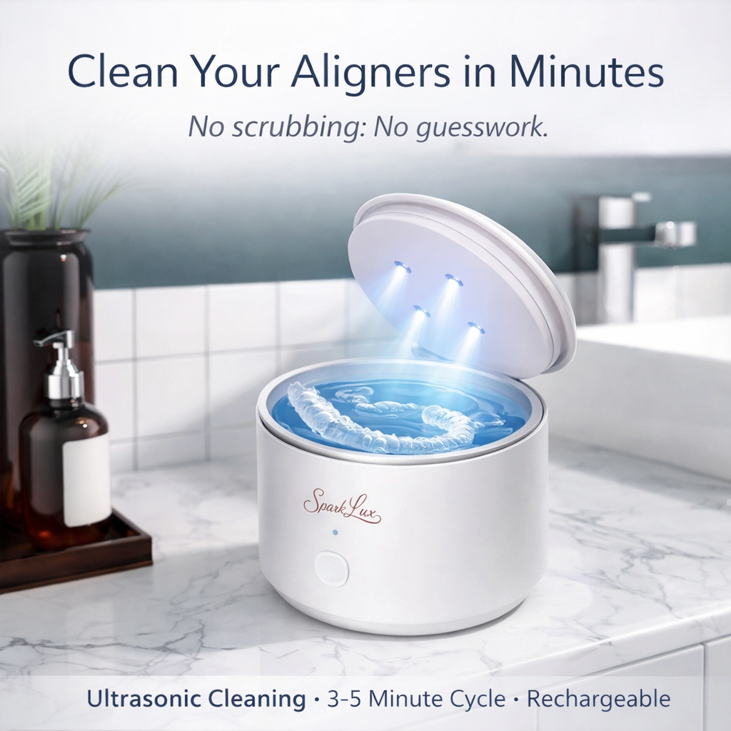 Limpiador Ultrasónico SparkLux – Dispositivo Compacto, Recargable y de Bajo Ruido para Alineadores, Retenedores, Prótesis Dentales y Aparatos Bucales