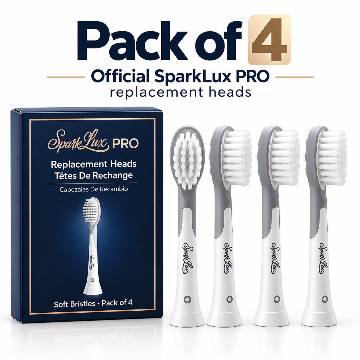 SparkLux PRO Replacement Toothbrush Heads – Pack of 4 – Soft Bristles – Compatible with SparkLux PRO Sonic Toothbrush – Gentle Daily Cleaning