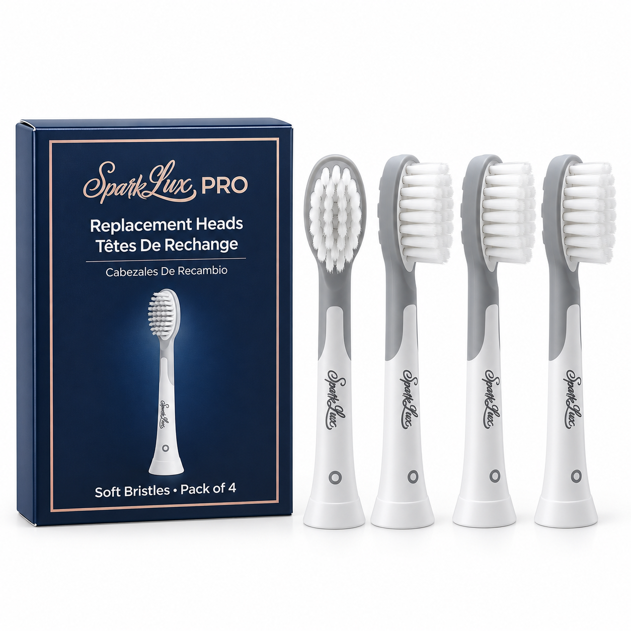 SparkLux PRO Replacement Toothbrush Heads – Pack of 4 – Soft Bristles – Compatible with SparkLux PRO Sonic Toothbrush – Gentle Daily Cleaning