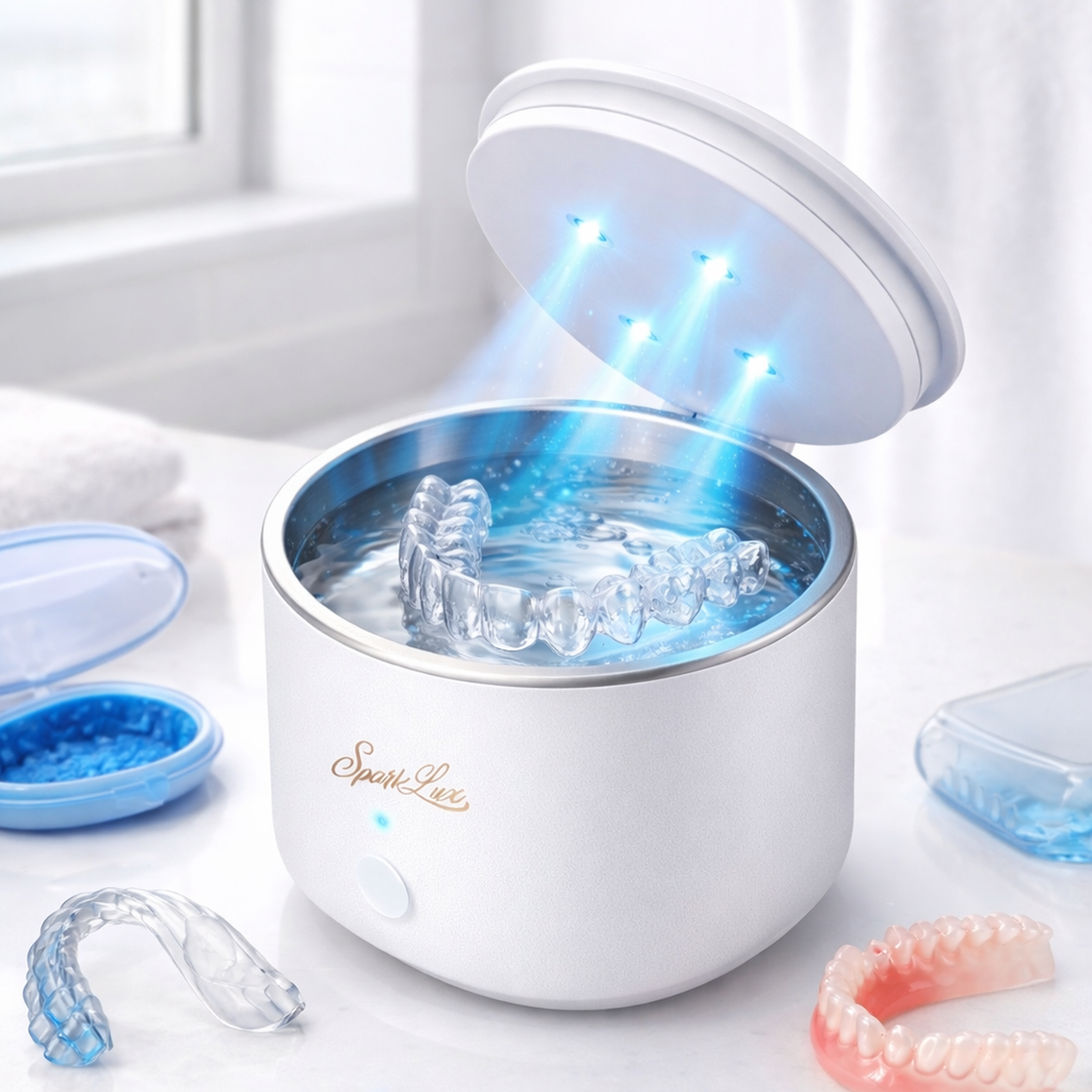 Limpiador Ultrasónico SparkLux – Dispositivo Compacto, Recargable y de Bajo Ruido para Alineadores, Retenedores, Prótesis Dentales y Aparatos Bucales