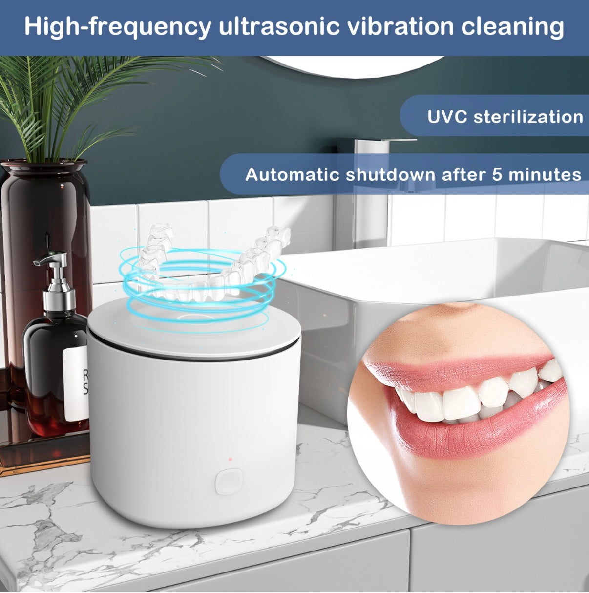 Ultrasonic cleaning device with UVC sterilization feature on a bathroom counter.