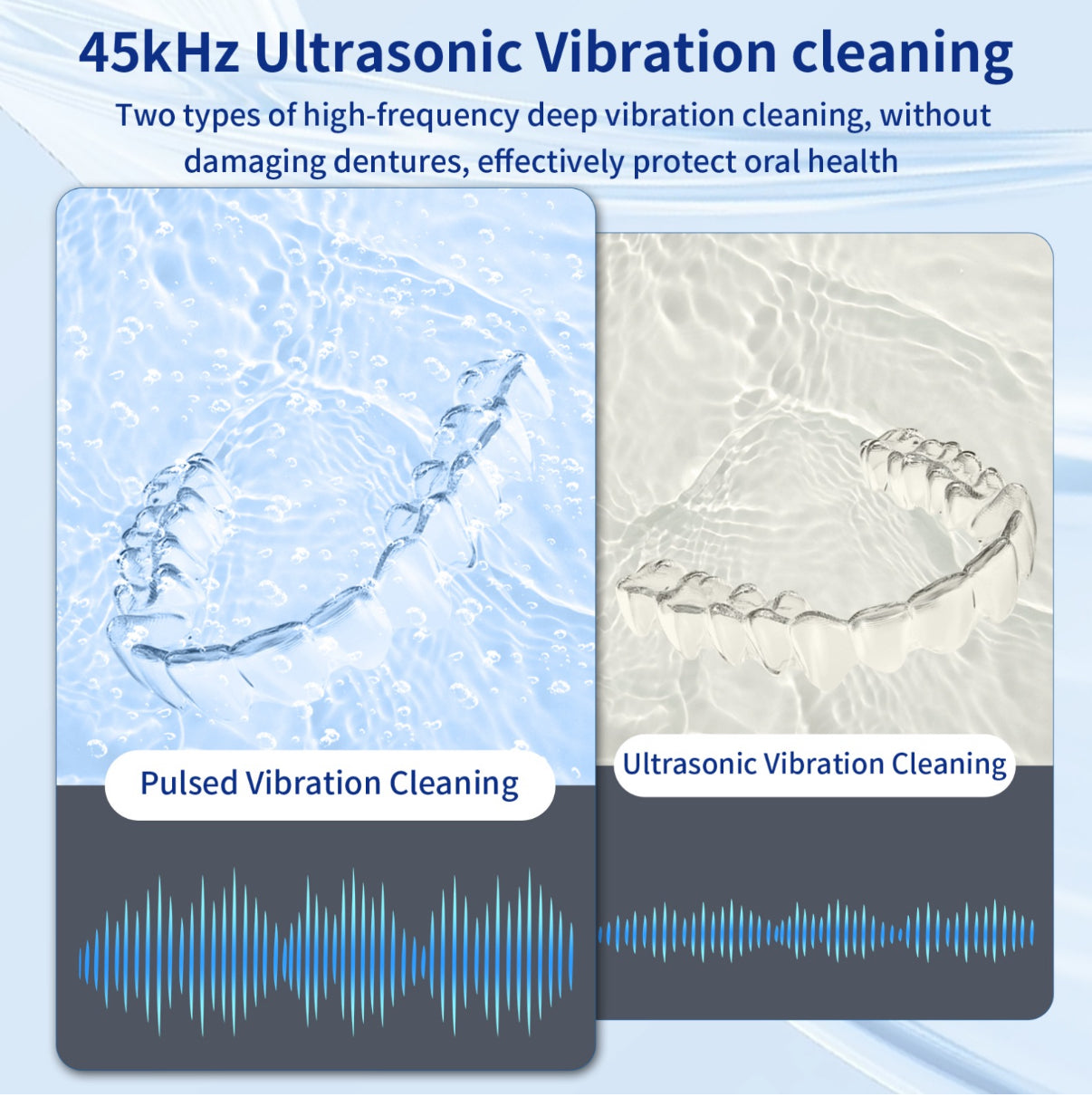 Ultrasonic cleaning process with dentures and vibration waves 