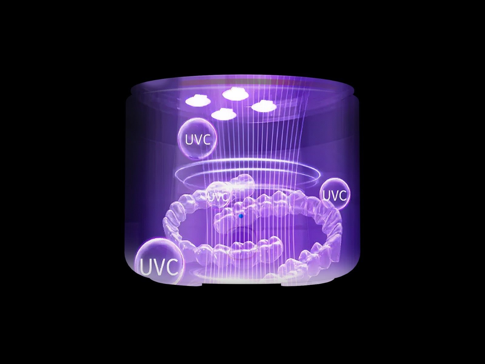 Ultraviolet light sterilization device with 'UVC' labels on a black background